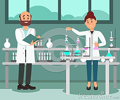 Two scientists working at laboratory. Man making notes in folder, woman doing chemical experiment. Flat vector design Vector Illustration