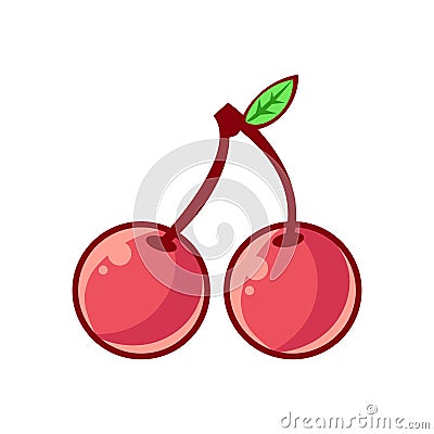 Two Cherries With Leaf, Food Item Outlined Isolated Childish Icon For Flash Game Design Or Slot Machine Vector Illustration