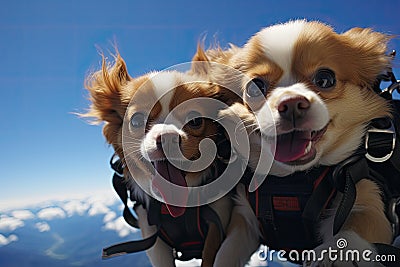 Two chihuahua dogs on the top of the mountain, Tibetan Spaniel puppies skydiving french alps, AI Generated Stock Photo