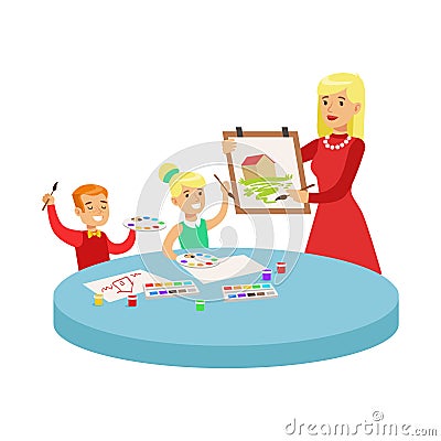 Two Children In Art Class Drawing Cartoon Illustration With Elementary School Kids And Their Teacher In Creativity Vector Illustration