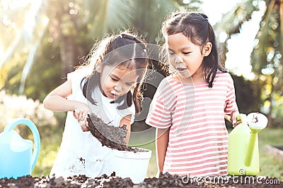 Two children asian little girl having fun to prepare soil Stock Photo