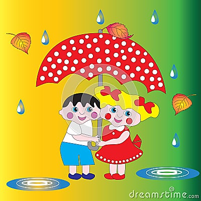 Two children a boy and a girl under an umbrella. Vector Illustration