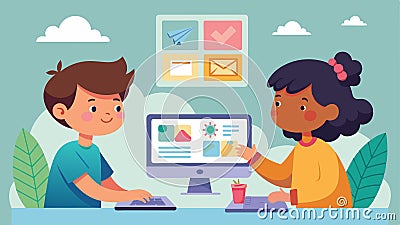 Two children collaborate on a virtual art project sharing their screens and discussing different ways to upload and edit Vector Illustration