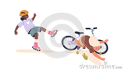 Two Children Falling, One Off Roller Skates And The Other From A Bicycle. Cartoon Vector Illustration of Outdoor Mishap Vector Illustration