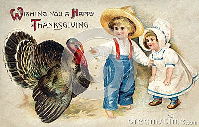 Two children feeding a turkey corn Cartoon Illustration