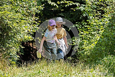 Two children, girls, curious kids exploring the forest together walking through green lush foliage alone, adventure and Stock Photo