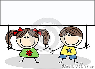 Two children with a placard Vector Illustration