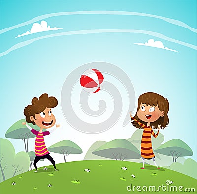 Two children playing with a ball in the park Vector Illustration