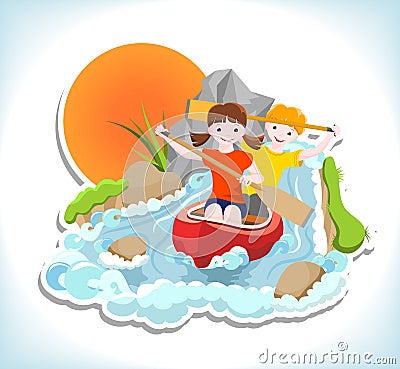 Two children on red canoe Vector Illustration