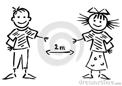 Two children, safe distance, black sketch, eps. Vector Illustration