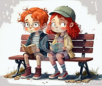 Two children sitting on a bench and reading books. Digital watercolor painting Stock Photo