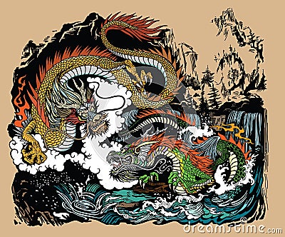 Two Chinese dragons in the landscape Vector Illustration