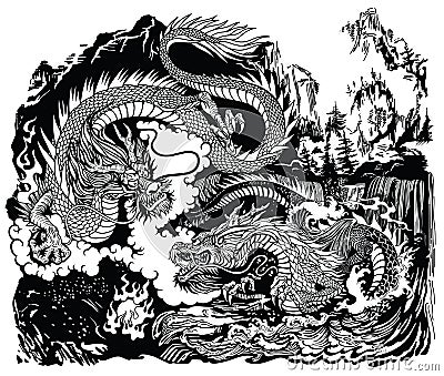 two chinese dragons. Black and white illustration Vector Illustration