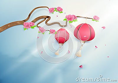 Two chinese lanterns hanging on floral branch pink peonies Vector Illustration