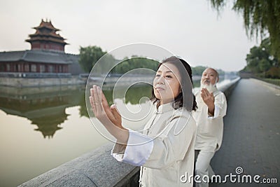 Two Chinese People Practicing Tai Ji by the Canal, Beijing Stock Photo