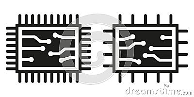 Two chip or microchip icons. Central computer processor, black chip symbol. Flat style Cartoon Illustration