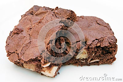 Two chocolate brownies stacked together on white Stock Photo