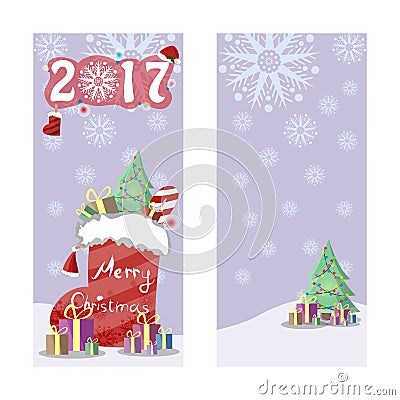 Two Christmas banners in retro style. Christmas boot with gifts, sweets and decorated s tree. Decorative inscription of the coming Vector Illustration