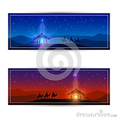 Two Christmas cards with star and birth of Jesus Vector Illustration