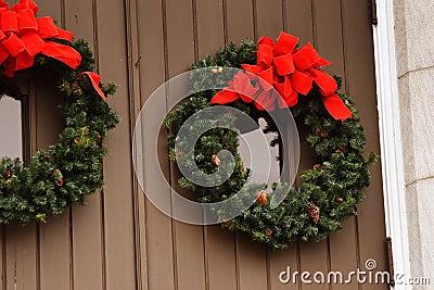 Christmas Wreaths on a Door Stock Photo