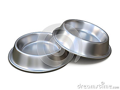 Two chrome pet bowls for food. 3D rendering Cartoon Illustration