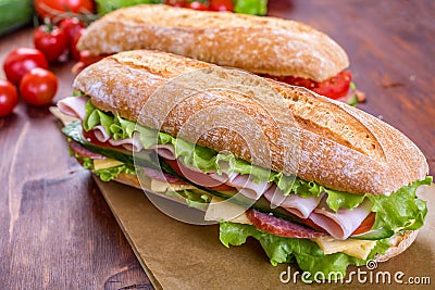 Two Ciabatta Sandwiches with ham and lettuce Stock Photo