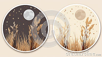 two circular stickers with grass and moon in the background Stock Photo