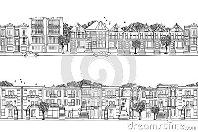 Two city banners of North American houses, built in Victorian style Vector Illustration