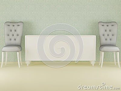 Two classic armchair with white sideboard, hall Stock Photo