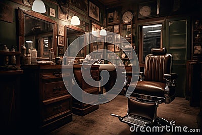 Two classic leather barber chairs facing each other, striped cloth around the neck. Old-style barber tools and razors on shelves. Stock Photo