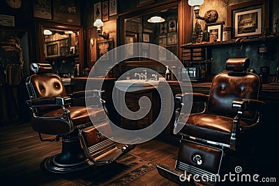 Two classic leather barber chairs facing each other, striped cloth around the neck. Old-style barber tools and razors on shelves. Stock Photo