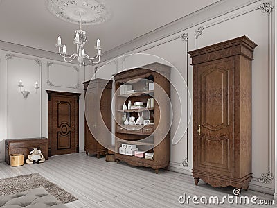 Two classic wardrobe and shelving brown colors with books and de Stock Photo