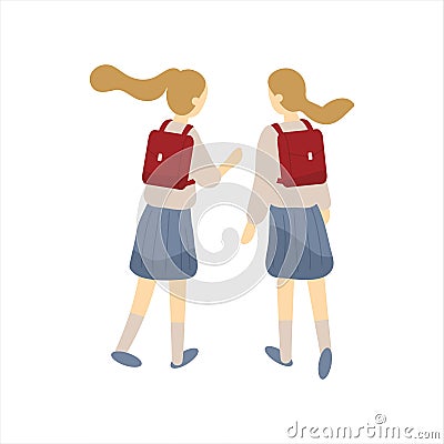 Two classmates, classfellows or friends walk to school and talk or chat.Pair of girls or female students or pupils with schoolbags Vector Illustration