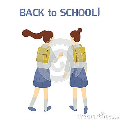 Two classmates, classfellows or friends walk to school and talk or chat.Pair of girls or female students or pupils with schoolbags Cartoon Illustration