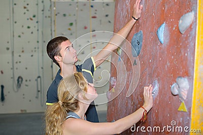 Two climbers in climbing gym indoors Stock Photo