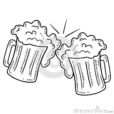 Two clink glasses with beer with foam cheers in black isolated on white background. Hand drawn vector sketch illustration in Vector Illustration