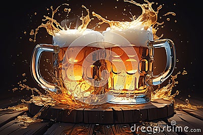 two clinking glass mugs with golden beer and foam on a wooden table with splashes Stock Photo