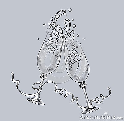 Two clinking glasses with champagne splashes and a serpentine ribbon Vector Illustration