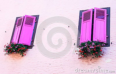 Two closed pink windows with flowers on a rose wall Stock Photo