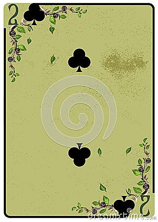 Two of Clubs playing card. Unique hand drawn pocker card. One of 52 cards in french card deck, English or Anglo-American pattern. Cartoon Illustration