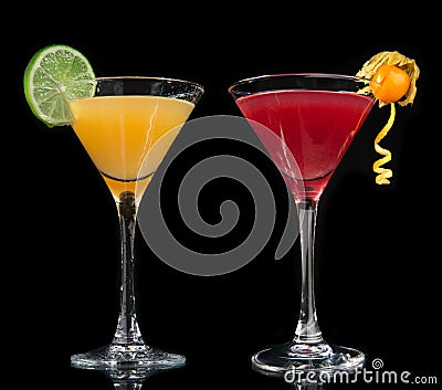 Two cocktails cosmopolitan cocktails decorated with citrus lemon Stock Photo