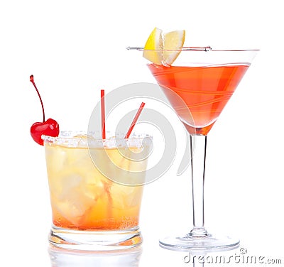 Two cocktails red alcohol cosmopolitan cocktail decorated Stock Photo