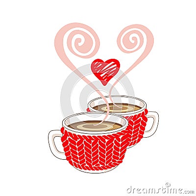 Two cocoa or coffee cups with heart shaped steam and red knitted cup cosy. Cartoon Illustration