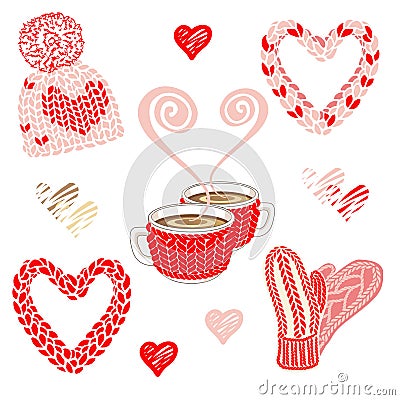 Valentines day illustration with warm knitted accessories: hat with pom pom, mittens and snood scarf. Two cocoa or coffee cups. Vector Illustration