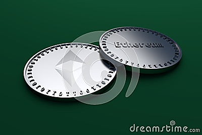 Two coins of digital crypto currency Ethereum lying on green cloth, 3D rendering. Editorial Stock Photo