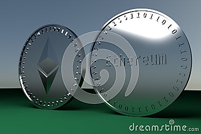 Two coins of digital crypto currency Ethereum standing on the edge, 3d rendering. Editorial Stock Photo