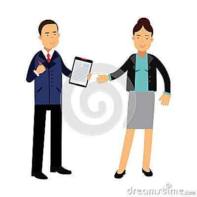 Two colleagues speaking together about documents, businessman and businesswoman characters Illustration Stock Photo