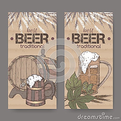 Two color labels with hand drawn beer keg, mug, hop and wheat on cardboard background. Vector Illustration