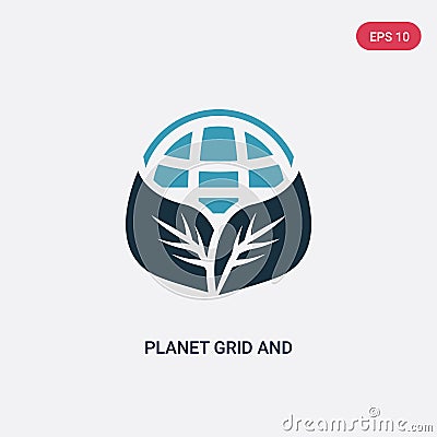 Two color planet grid and a leaf vector icon from signs concept. isolated blue planet grid and a leaf vector sign symbol can be Vector Illustration