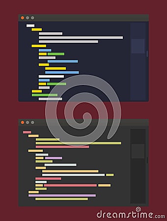 Two color themes of developer code editor, flat Vector Illustration